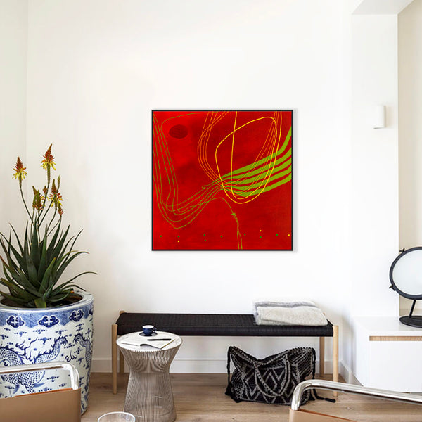 Red-toned Abstract Acrylic and Oil Painting with Minimalist Line Work, Modern Canvas Wall Art | Musica (36"x36")