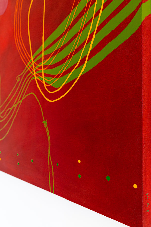 Red-toned Abstract Acrylic and Oil Painting with Minimalist Line Work, Modern Canvas Wall Art | Musica (36"x36")