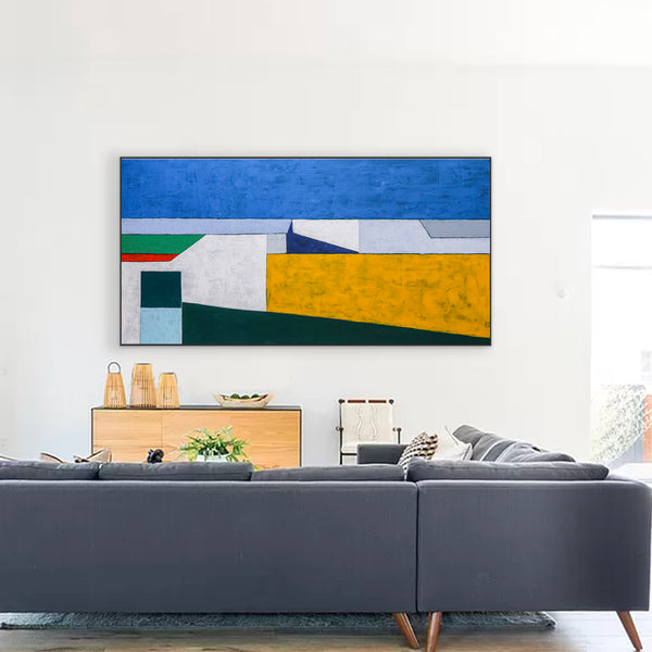 Minimalist Geometric Seascape Abstract Original Acrylic Painting, Large Modern Canvas Wall Art | My balcony