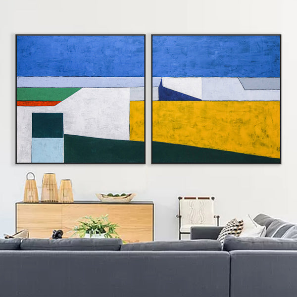 2 Set of Seascape Geometric Abstract Modern Painting, Contemporary Minimalist Canvas Wall Art | My balcony (2 Set)