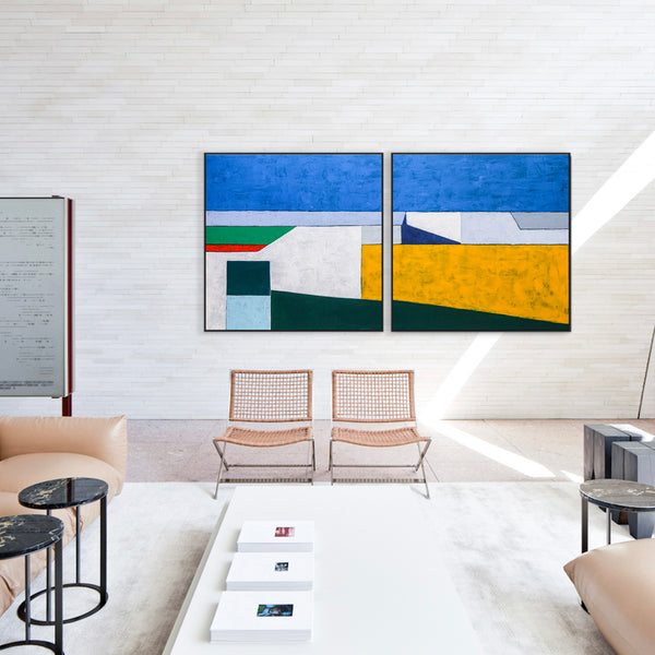 2 Set of Seascape Geometric Abstract Modern Painting, Contemporary Minimalist Canvas Wall Art | My balcony (2 Set)