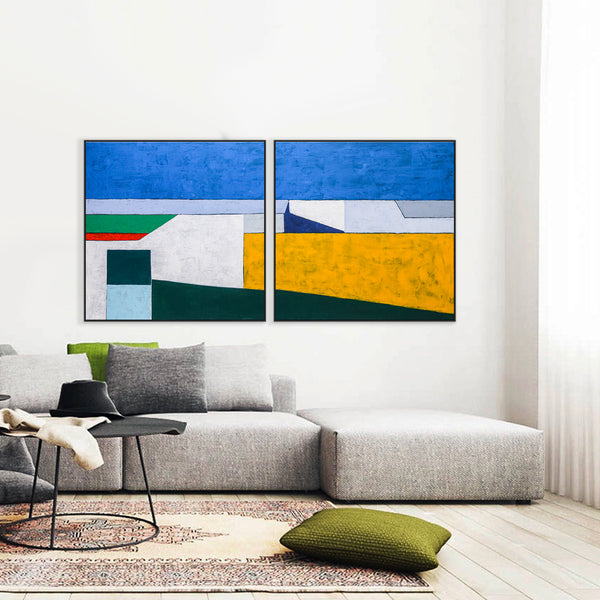 2 Set of Seascape Geometric Abstract Modern Painting, Contemporary Minimalist Canvas Wall Art | My balcony (2 Set)