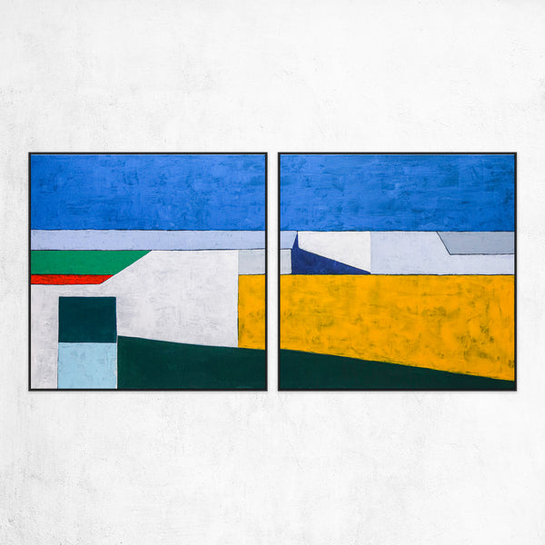 2 Set of Seascape Geometric Abstract Modern Painting, Contemporary Minimalist Canvas Wall Art | My balcony (2 Set)