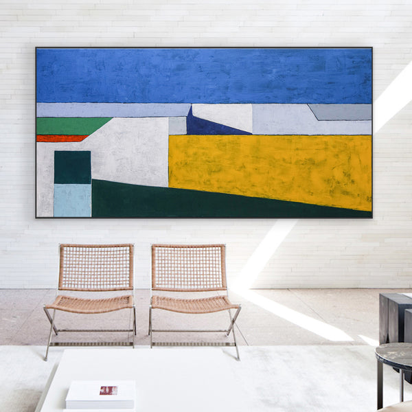 Minimalist Geometric Seascape Abstract Original Acrylic Painting, Large Modern Canvas Wall Art | My balcony
