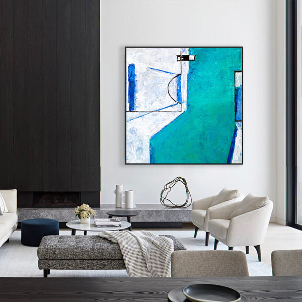 Geometric Original Abstract Acrylic Painting, Large of Contemporary Modern Canvas Wall Art in Turquoise | Out there
