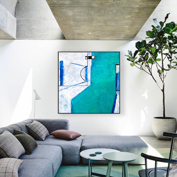 Geometric Original Abstract Acrylic Painting, Large of Contemporary Modern Canvas Wall Art in Turquoise | Out there
