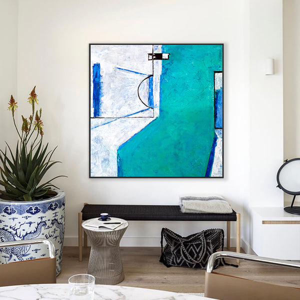 Geometric Original Abstract Acrylic Painting, Large of Contemporary Modern Canvas Wall Art in Turquoise | Out there