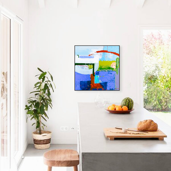 Modern Abstract Painting in Serene Blue, Oil Pastels and Pencils Infuse Contemporary Elegance | Parc emotion (36"x36")