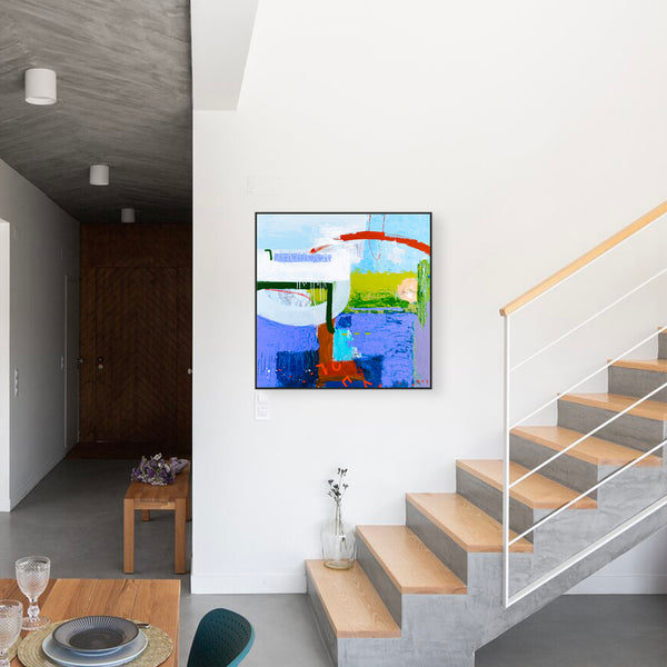 Modern Abstract Painting in Serene Blue, Oil Pastels and Pencils Infuse Contemporary Elegance | Parc emotion (36"x36")