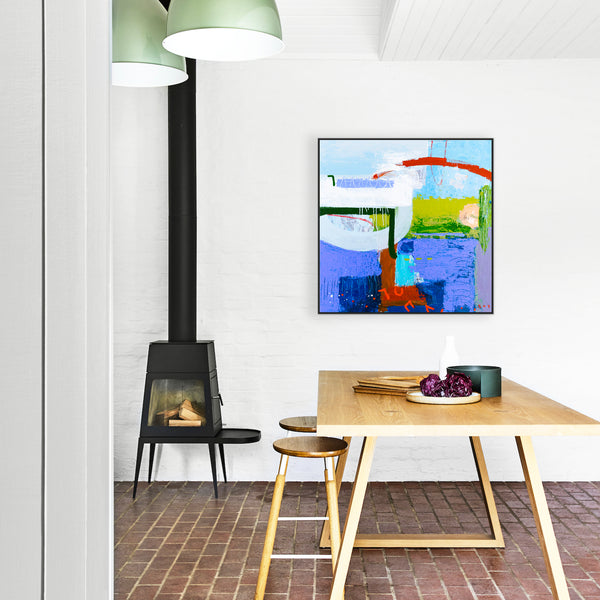 Modern Abstract Painting in Serene Blue, Oil Pastels and Pencils Infuse Contemporary Elegance | Parc emotion (36"x36")