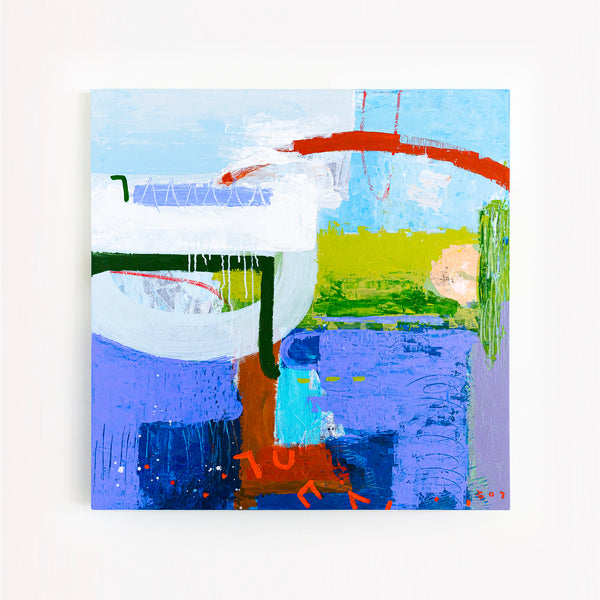 Modern Abstract Painting in Serene Blue, Oil Pastels and Pencils Infuse Contemporary Elegance | Parc emotion (36"x36")