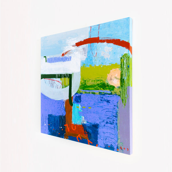 Modern Abstract Painting in Serene Blue, Oil Pastels and Pencils Infuse Contemporary Elegance | Parc emotion (36"x36")