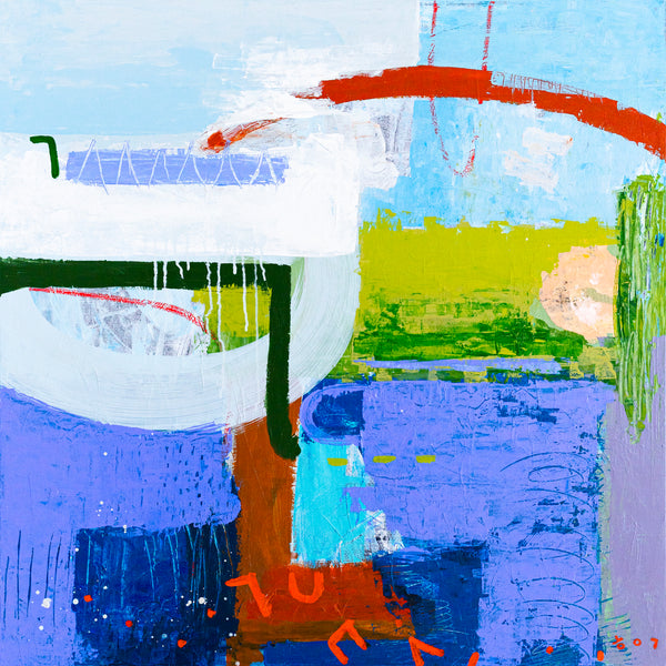 Modern Abstract Painting in Serene Blue, Oil Pastels and Pencils Infuse Contemporary Elegance | Parc emotion (36"x36")