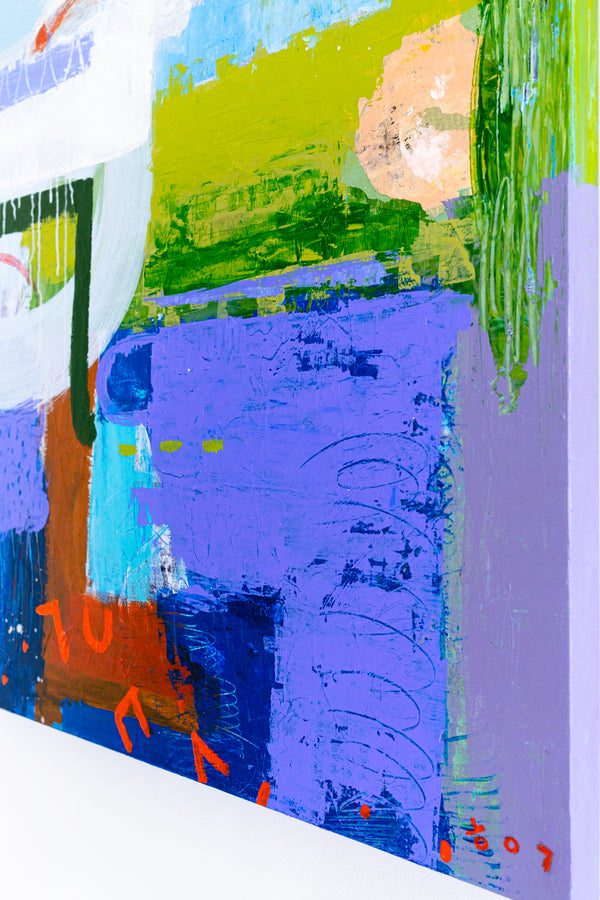 Modern Abstract Painting in Serene Blue, Oil Pastels and Pencils Infuse Contemporary Elegance | Parc emotion (36"x36")