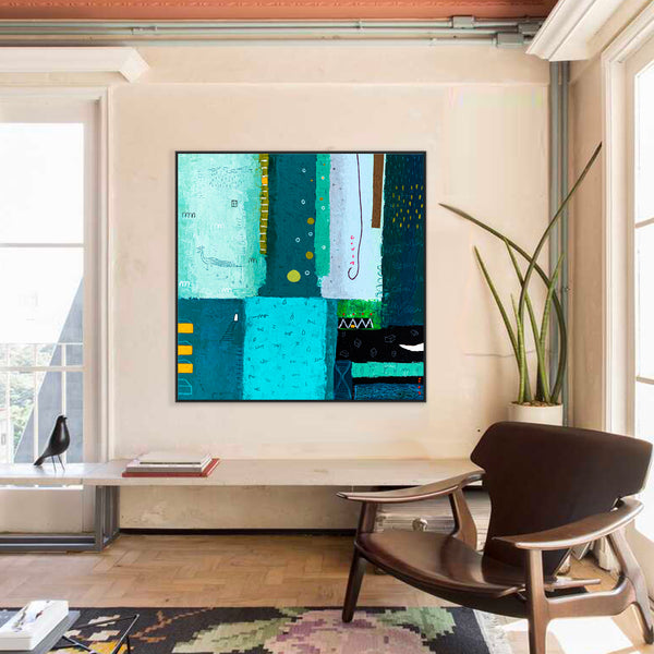 Teal Original Abstract Colorful Acrylic Painting, Unique Modern Canvas Wall Art with Green Color Theme | Petit Paon