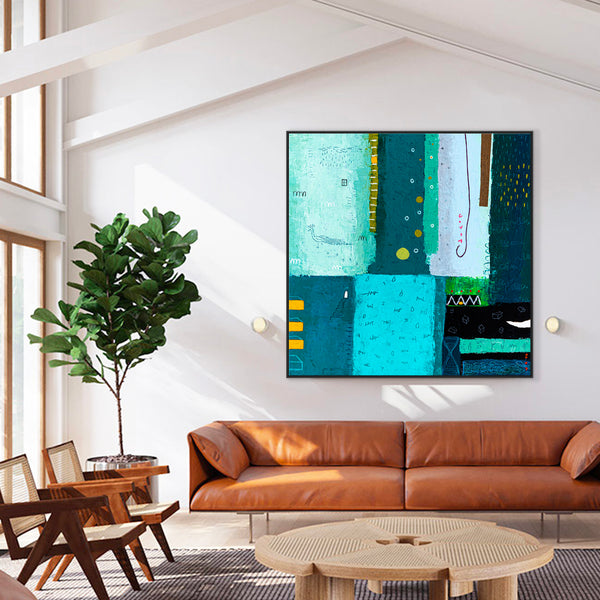 Teal Original Abstract Colorful Acrylic Painting, Unique Modern Canvas Wall Art with Green Color Theme | Petit Paon