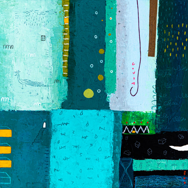 Teal Original Abstract Colorful Acrylic Painting, Unique Modern Canvas Wall Art with Green Color Theme | Petit Paon