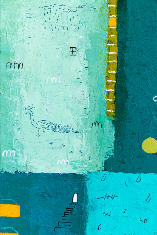 Teal Original Abstract Colorful Acrylic Painting, Unique Modern Canvas Wall Art with Green Color Theme | Petit Paon