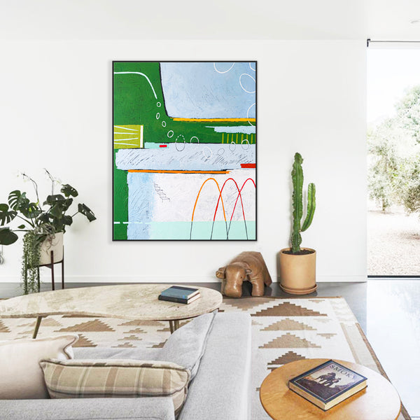 Dreamy Physics in Geometric Abstract Painting, Green Emphasis Original Modern Canvas Art | Realm (Vertical Ver.)