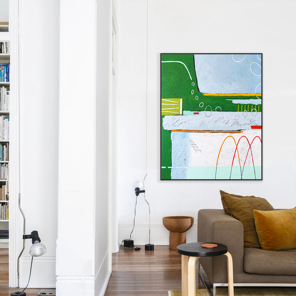 Dreamy Physics in Geometric Abstract Painting, Green Emphasis Original Modern Canvas Art | Realm (Vertical Ver.)