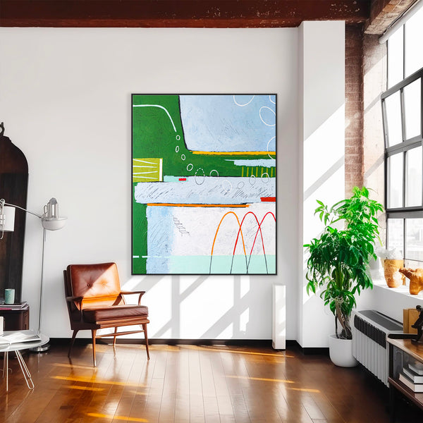 Dreamy Physics in Geometric Abstract Painting, Green Emphasis Original Modern Canvas Art | Realm (Vertical Ver.)