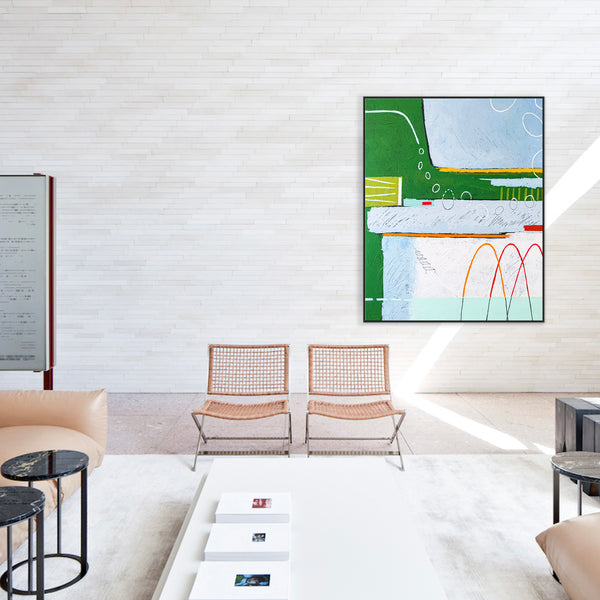 Dreamy Physics in Geometric Abstract Painting, Green Emphasis Original Modern Canvas Art | Realm (Vertical Ver.)