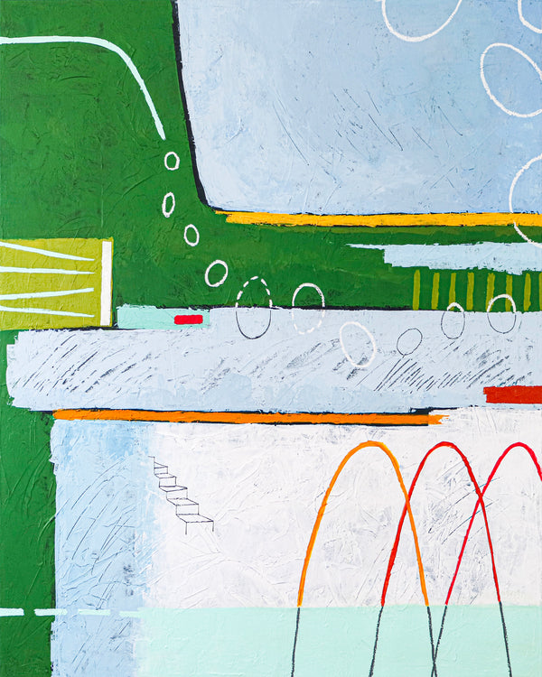 Dreamy Physics in Geometric Abstract Painting, Green Emphasis Original Modern Canvas Art | Realm (Vertical Ver.)