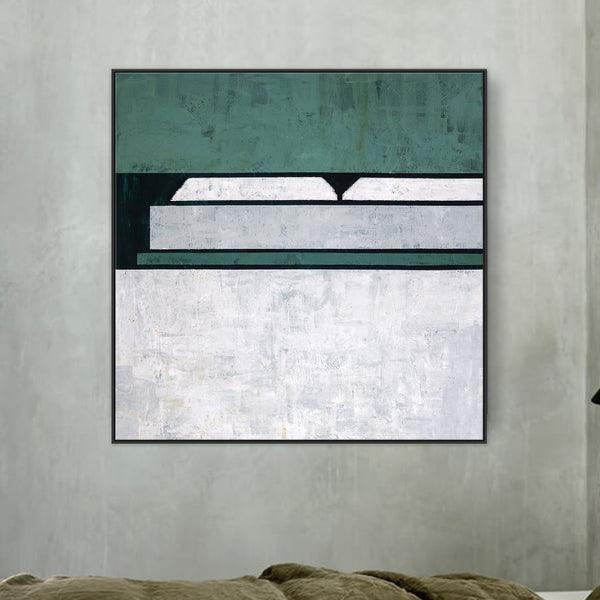 Geometric Minimalist Original Abstract Painting in Acrylic, Large Modern Canvas Wall Art in Green Color | Room I