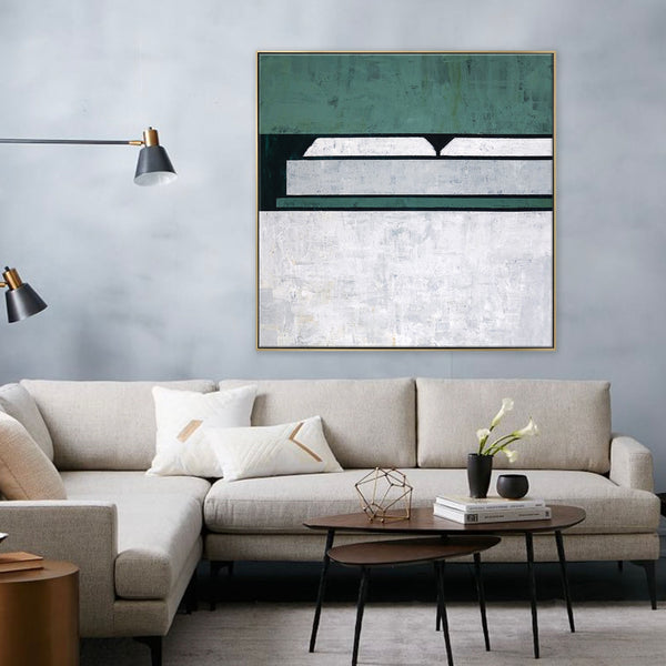 Geometric Minimalist Original Abstract Painting in Acrylic, Large Modern Canvas Wall Art in Green Color | Room I