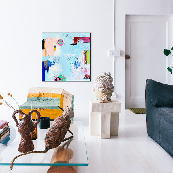 Original Abstract Sky Blue Painting Mixed Media Modern Canvas Wall Art | Sello (36"x36")