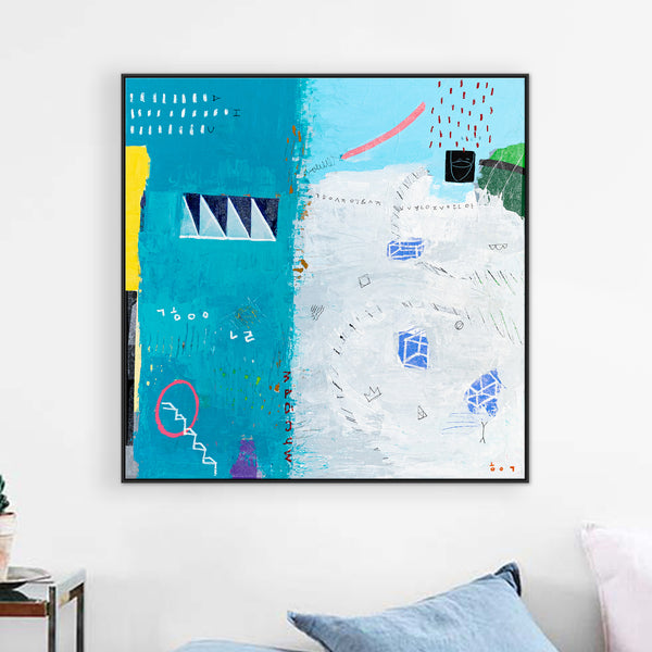 Modern Abstract Original Painting with Mixed Media, Canvas Wall Art  in Bright Blue Tones | Sen (36"x36")