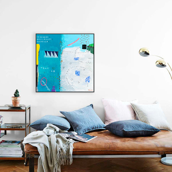 Modern Abstract Original Painting with Mixed Media, Canvas Wall Art  in Bright Blue Tones | Sen (36"x36")