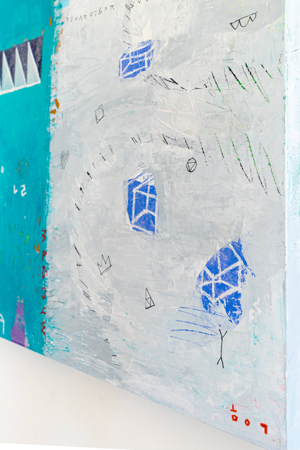 Modern Abstract Original Painting with Mixed Media, Canvas Wall Art  in Bright Blue Tones | Sen (36"x36")