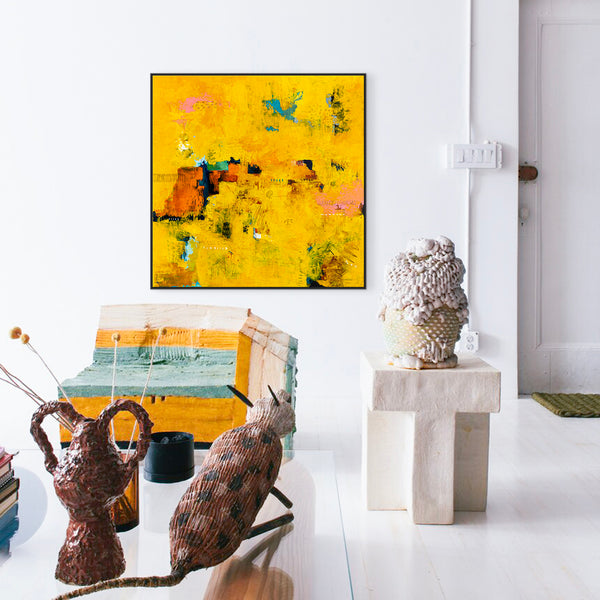 Bold Yellow Modern Expressionist Abstract Painting, Canvas Wall Art Centered on Minimal Visuals | Sensus (46"x46")