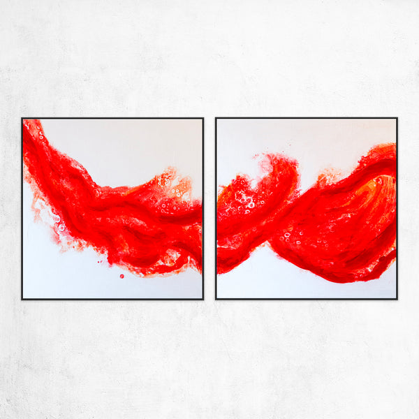 Vibrant Reddish-Orange Modern Original Abstract Acrylic Painting, Large Canvas Wall Art | Splashing flow (2 Set)