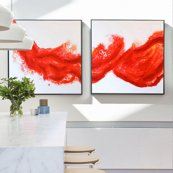Vibrant Reddish-Orange Modern Original Abstract Acrylic Painting, Large Canvas Wall Art | Splashing flow (2 Set)