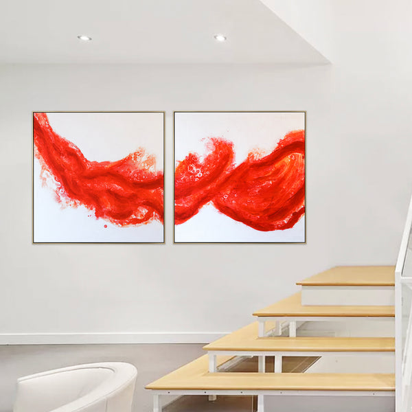 Vibrant Reddish-Orange Modern Original Abstract Acrylic Painting, Large Canvas Wall Art | Splashing flow (2 Set)