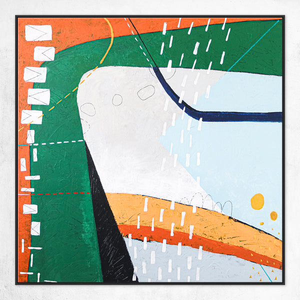 Playful Modern Large Abstract Original Painting in Green and Orange, Canvas Wall Art | The horizon of thought
