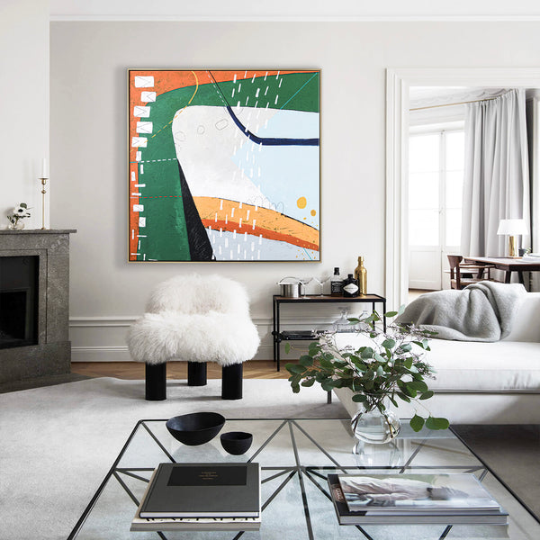 Playful Modern Large Abstract Original Painting in Green and Orange, Canvas Wall Art | The horizon of thought