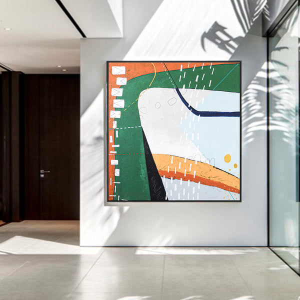 Playful Modern Large Abstract Original Painting in Green and Orange, Canvas Wall Art | The horizon of thought