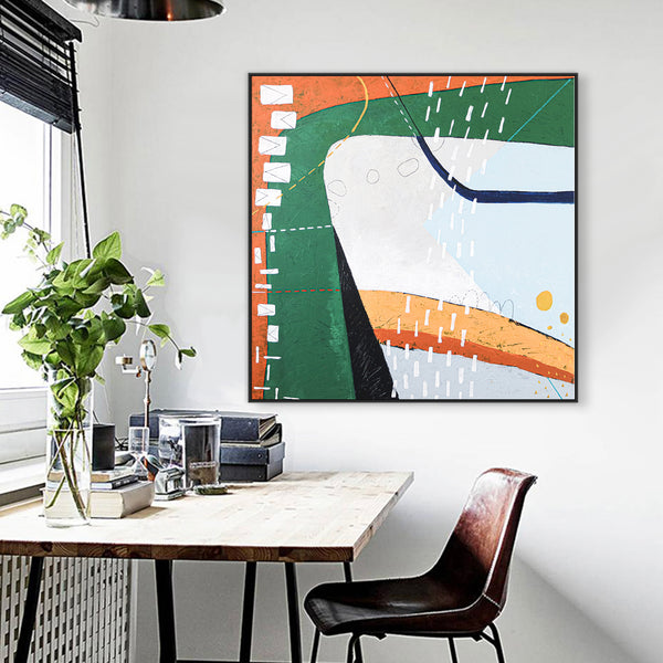 Playful Modern Large Abstract Original Painting in Green and Orange, Canvas Wall Art | The horizon of thought
