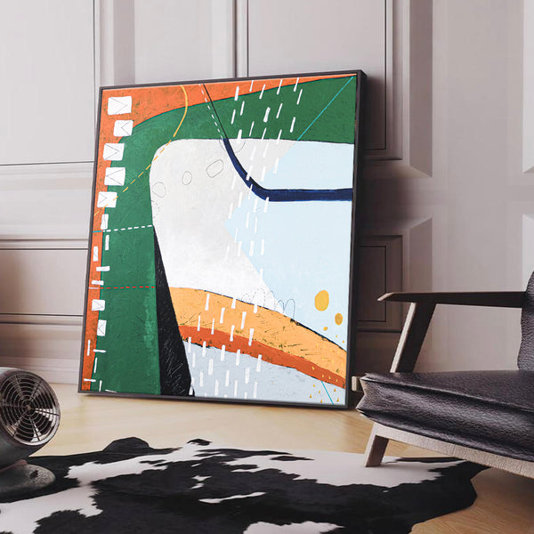 Playful Modern Large Abstract Original Painting in Green and Orange, Canvas Wall Art | The horizon of thought