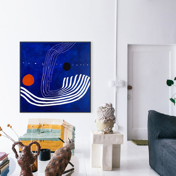 Abstract Original Oil Painting, Canvas Wall Art Capturing the Surreal Beauty of a Crimson Lunar Rise | The red moon in the blue evening (48"x48")