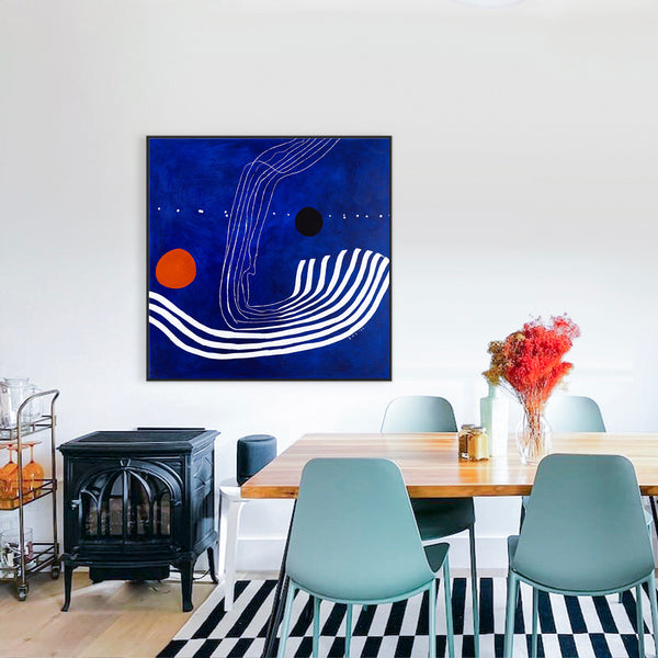 Abstract Original Oil Painting, Canvas Wall Art Capturing the Surreal Beauty of a Crimson Lunar Rise | The red moon in the blue evening (48"x48")