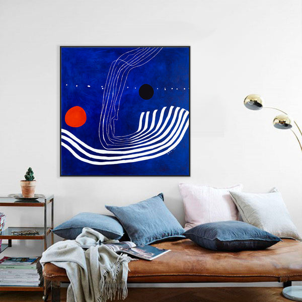 Abstract Original Oil Painting, Canvas Wall Art Capturing the Surreal Beauty of a Crimson Lunar Rise | The red moon in the blue evening (48"x48")