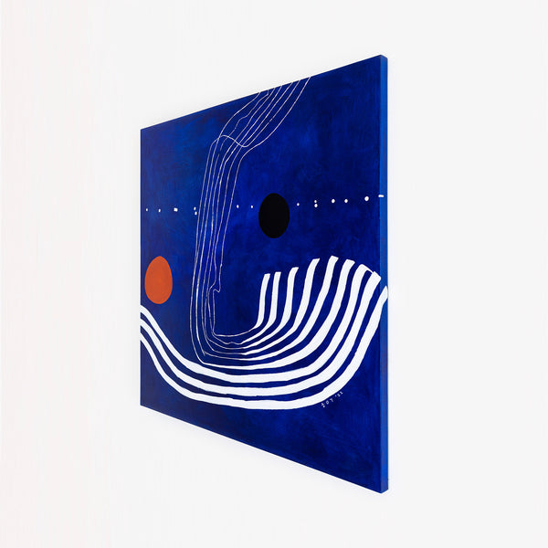 Abstract Original Oil Painting, Canvas Wall Art Capturing the Surreal Beauty of a Crimson Lunar Rise | The red moon in the blue evening (48"x48")
