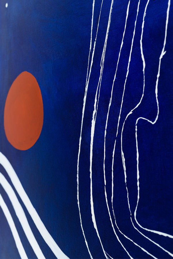 Abstract Original Oil Painting, Canvas Wall Art Capturing the Surreal Beauty of a Crimson Lunar Rise | The red moon in the blue evening (48"x48")