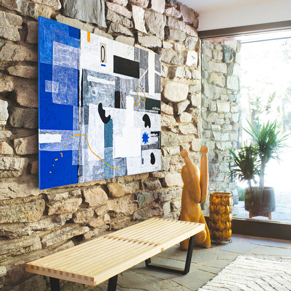 Calm Modern Abstract Geometric Original Painting, Mixed Media & Blue Canvas Wall Art | Thinking of a night sea (72"x48")
