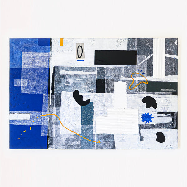 Calm Modern Abstract Geometric Original Painting, Mixed Media & Blue Canvas Wall Art | Thinking of a night sea (72"x48")
