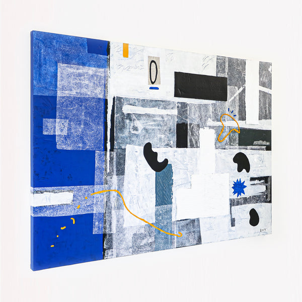 Calm Modern Abstract Geometric Original Painting, Mixed Media & Blue Canvas Wall Art | Thinking of a night sea (72"x48")